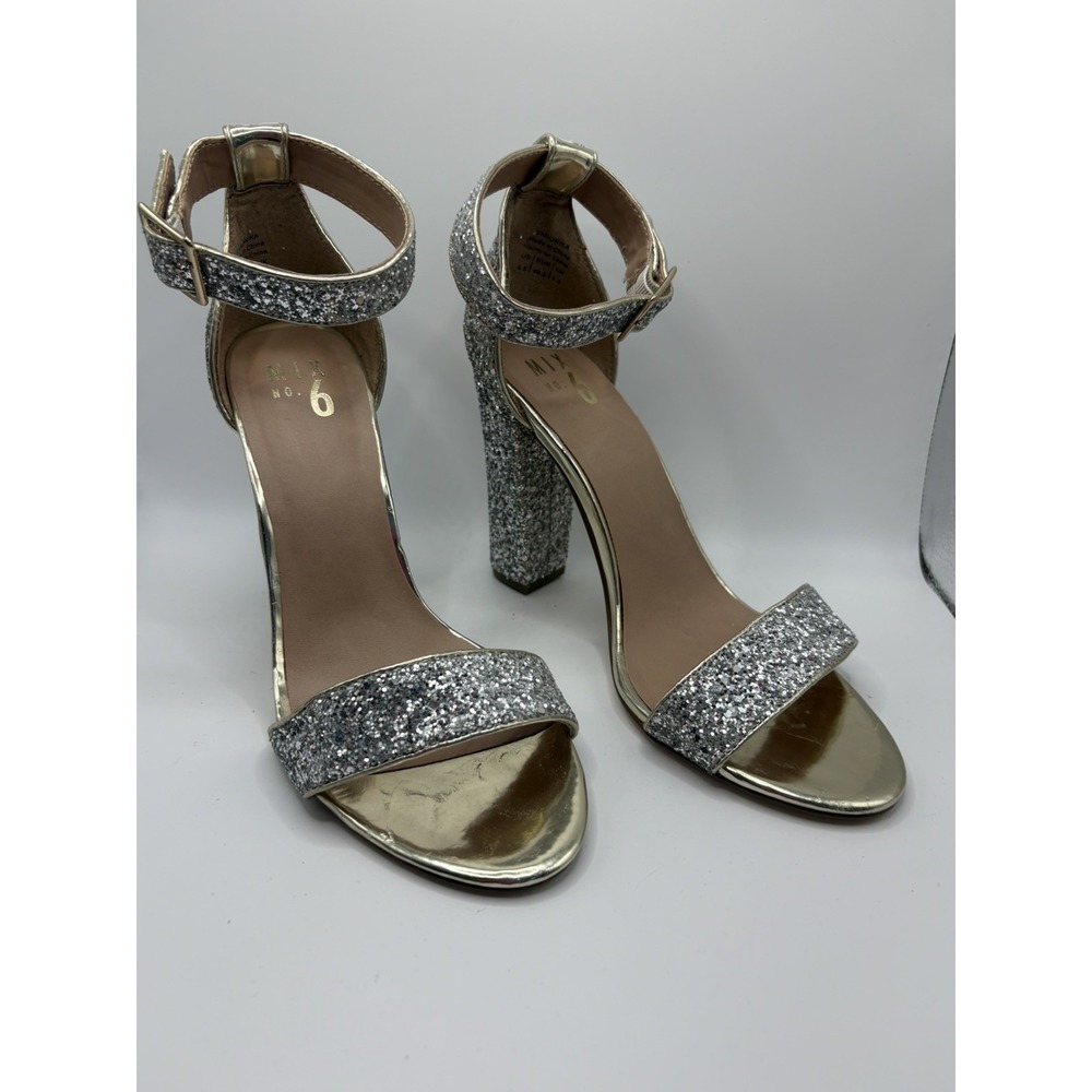 Mix No. 6 Varonika Silver Glitter Ankle Strap Block Heel Sandals size 9.5